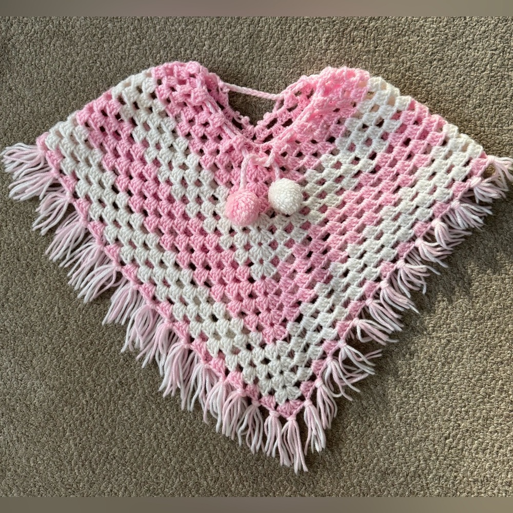 Handmade Pink and White Crochet Kids Poncho